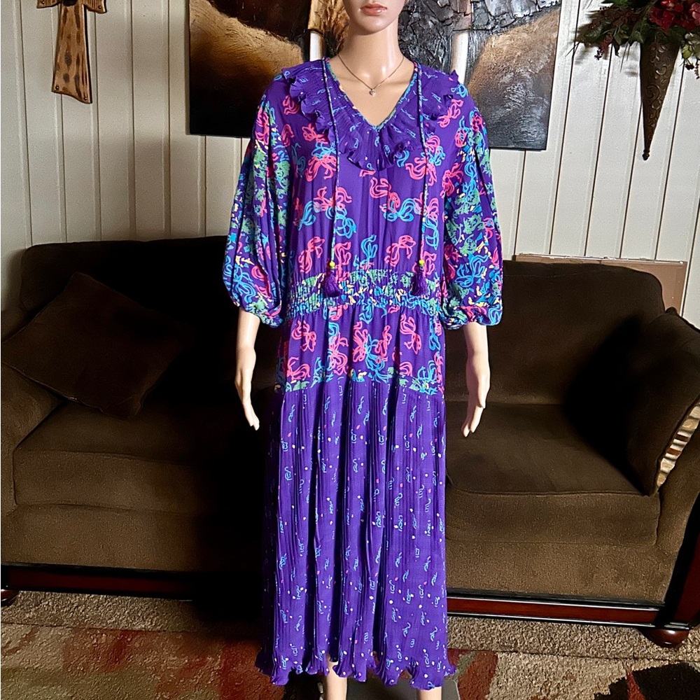 Diane Freis • Vintage • Large • Purple/Pink W/ Ribbon Design~Ruffles/Tie • Dress - Picture 3 of 15